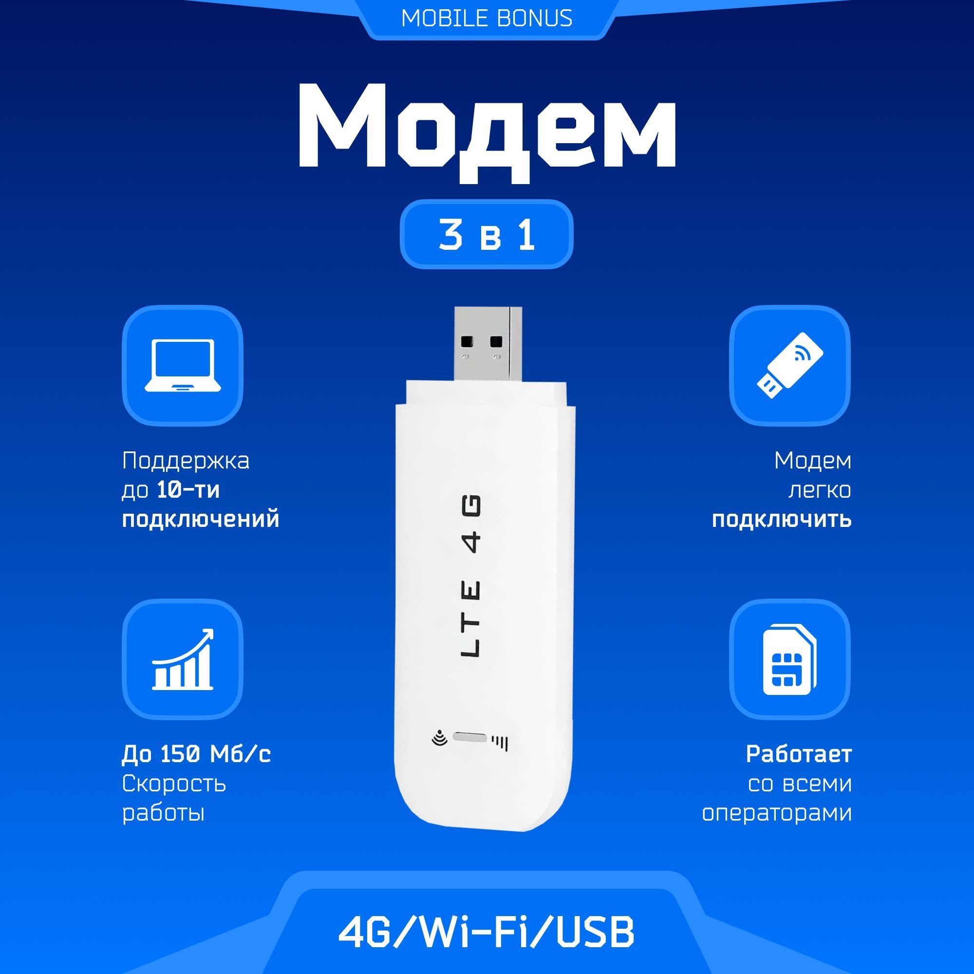 Беспроводной портативный модем 3G 4G LTE usb + WI-FI роутер / точка доступа