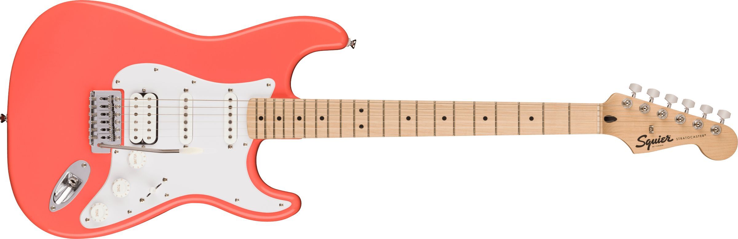 Squier by Fender Электрогитара Sonic Stratocaster HSS, Maple Fingerboard, White Pickguard, Tahitian Coral 6-струнная, корпус Тополь 4/4