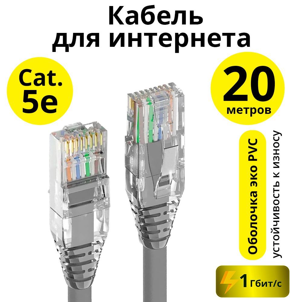 Патч корд кат. 5е 20 метров ELS сетевой кабель для интернета RJ45 для роутера модема телевизора приставки 1гбит/с серый