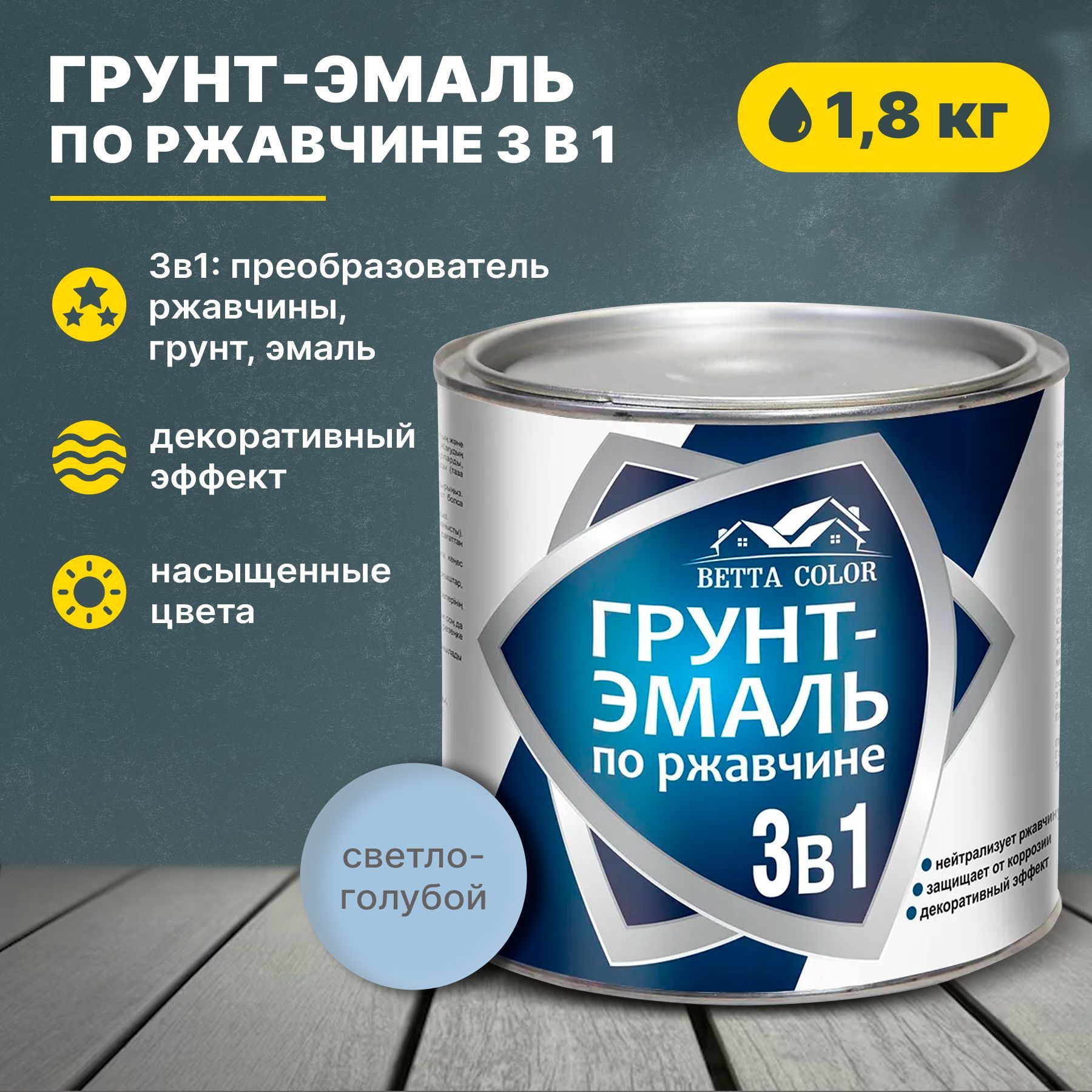 Грунт-эмальпоржавчине3в1светло-голубая,краскапометаллуBettaColor1,8кгЦарицынскиекраски