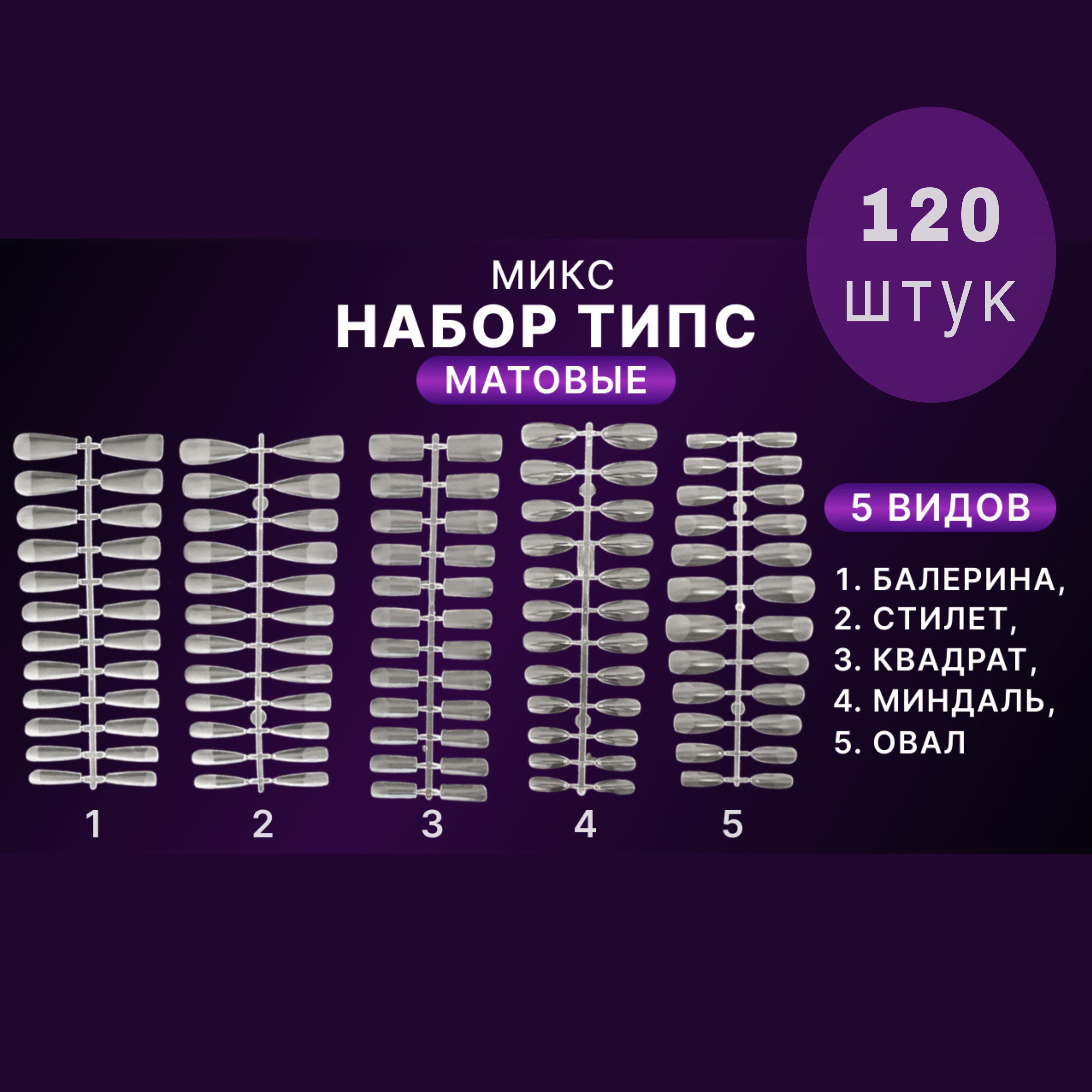 Гелевые типсы для наращивания ногтей набор МИКС матовые, формы Квадрат, Миндаль, Стилет, Балерина, Овал / накладные ногти 120 штук