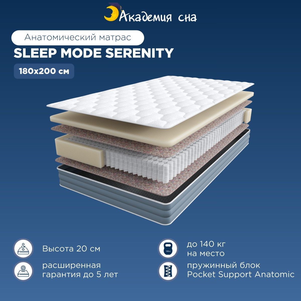 Матрас анатомический Академия Сна Sleep Mode SERENITY, Независимые пружины,  двухспальный 180x200 см