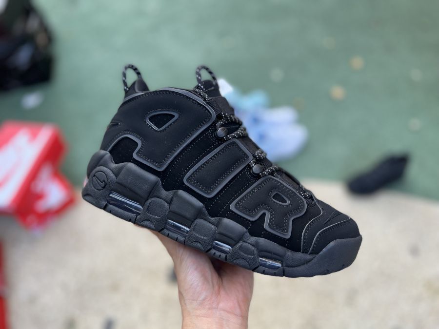 Nike air more uptempo shop triple black on feet