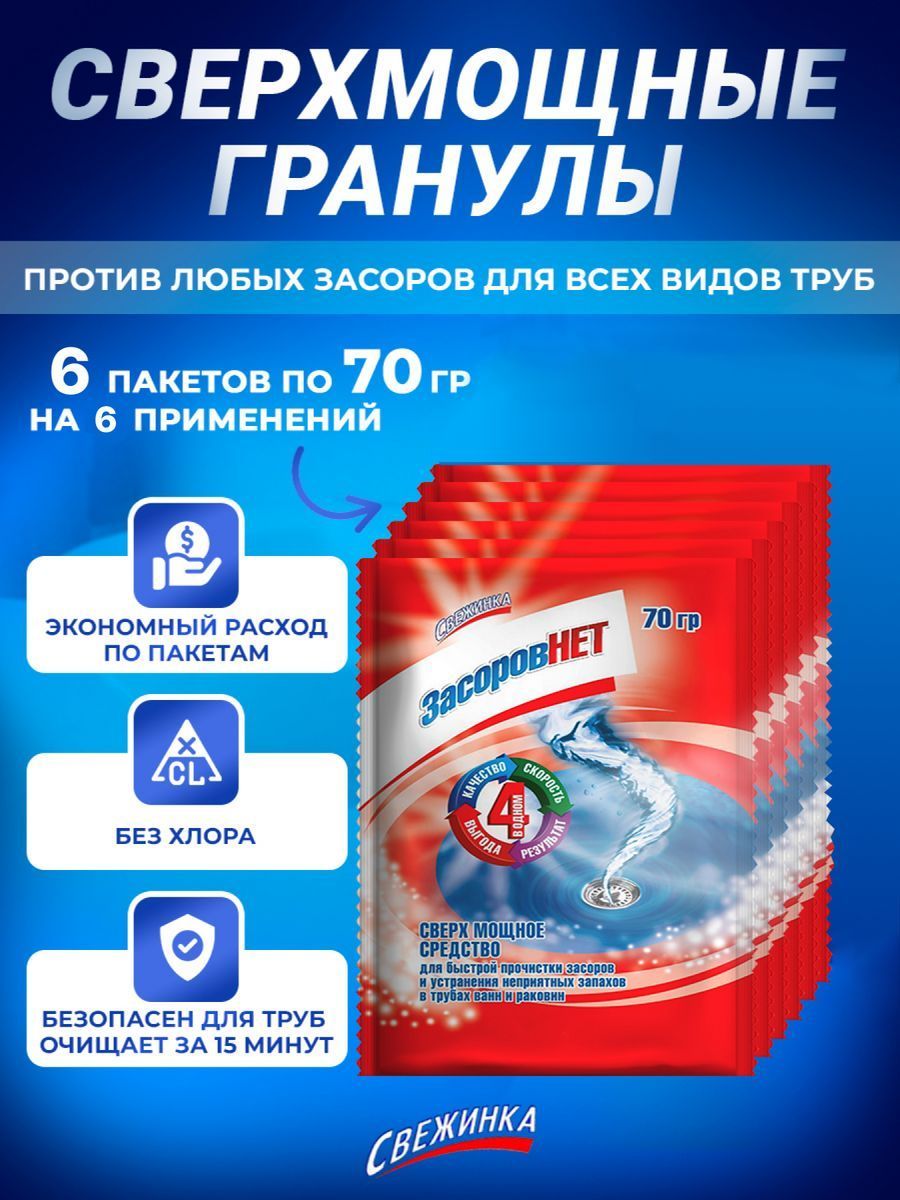 Свежинка / Средство от засоров для прочистки труб "ЗасоровНет" - набор, 6 пакетов по 70 гр. купить на OZON по низкой цене (1223241721)