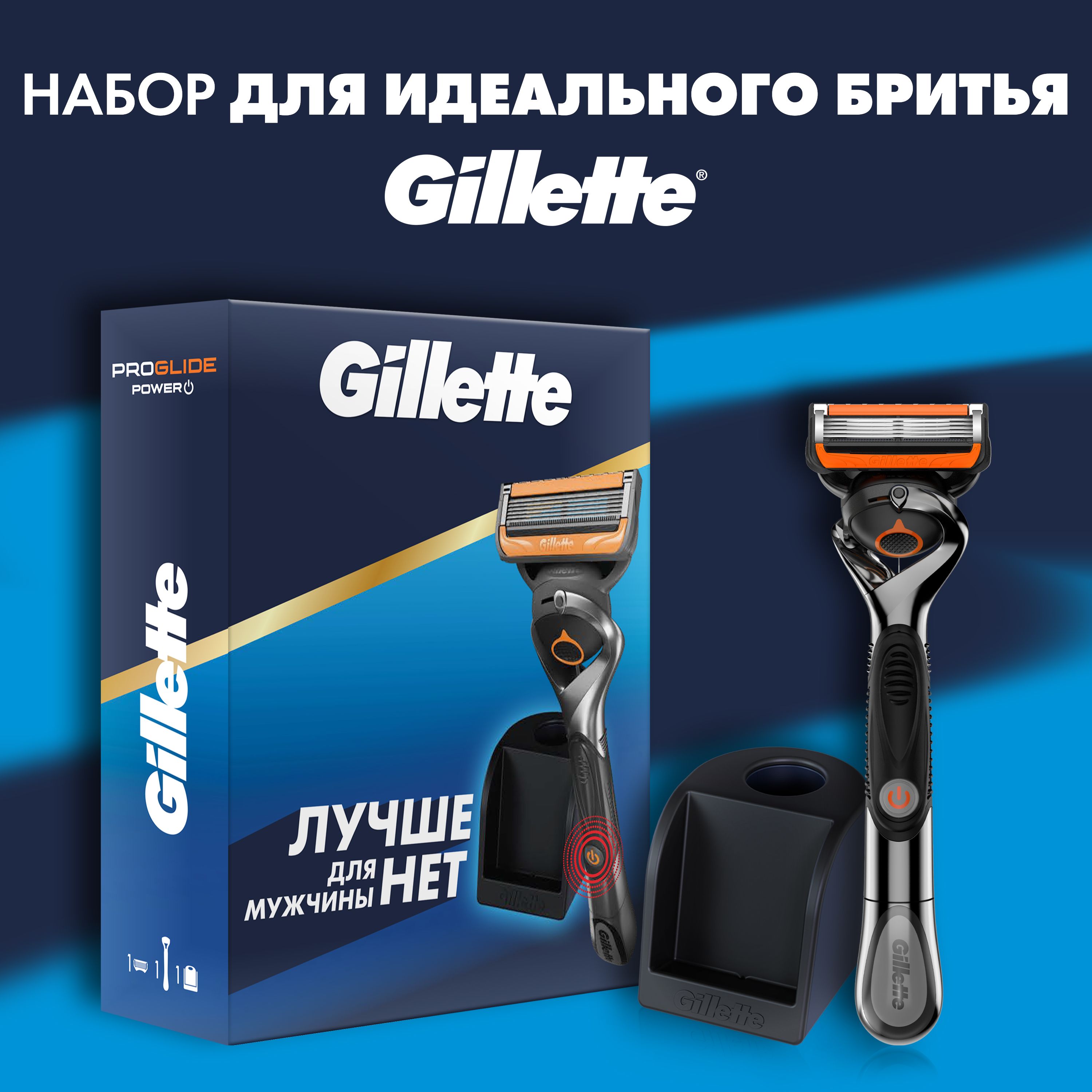 Набор для идеального бритья мужская бритва Gillette ProGlide Power со станцией для станка и кассет