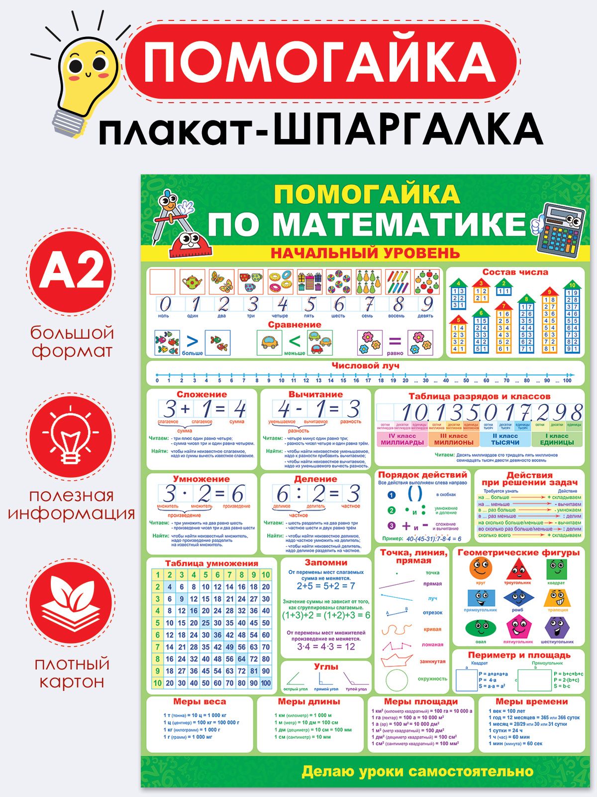 Обучающий плакат "Помогайка по математике", А2, 44х60 см, Картон