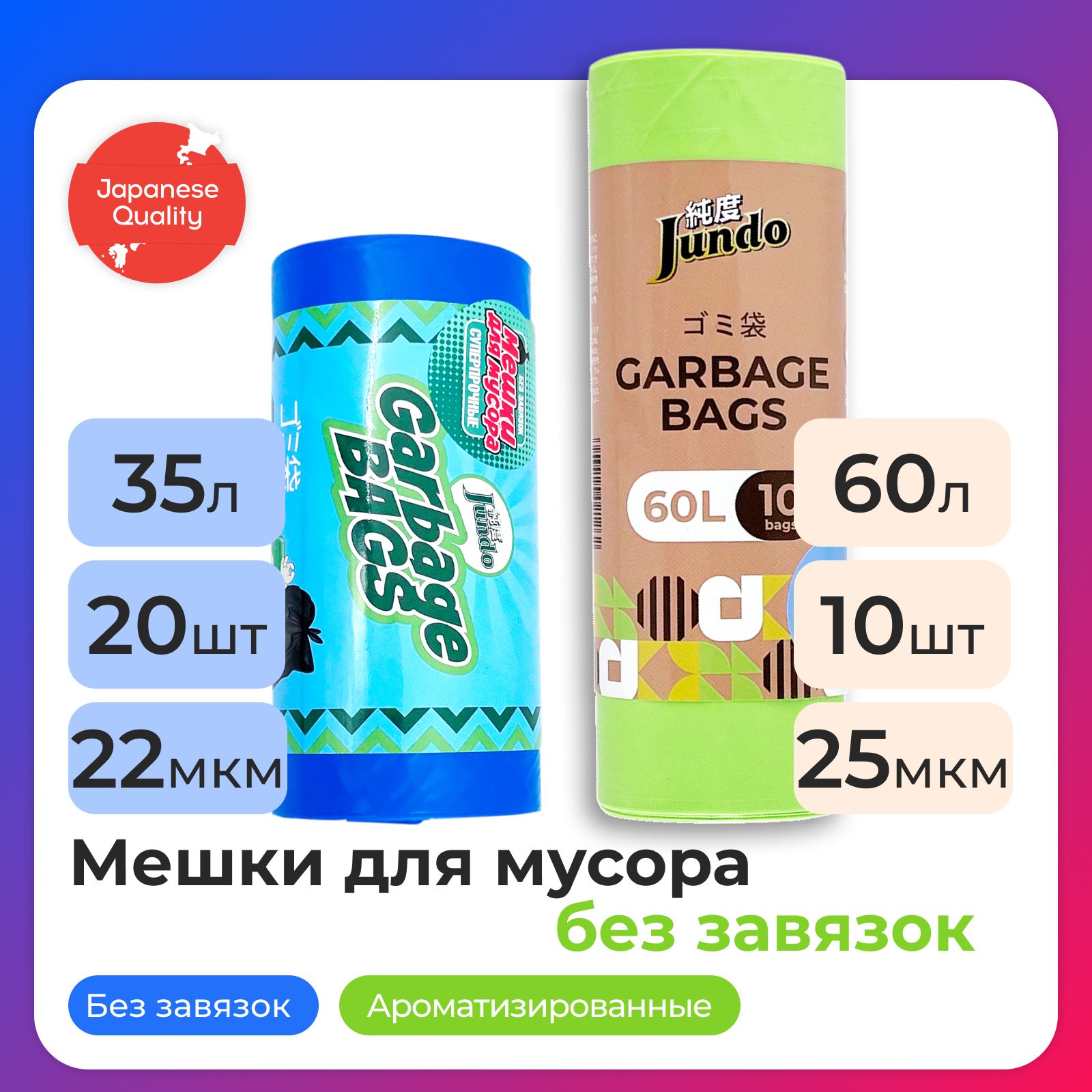 НаборпакетовдлямусораJundo:Garbagebags,беззавязок:35л,20шт,22мкм,синие,50х60см+60л,10шт,25мкм,салатовые,60х70см,ароматизированные,прочные