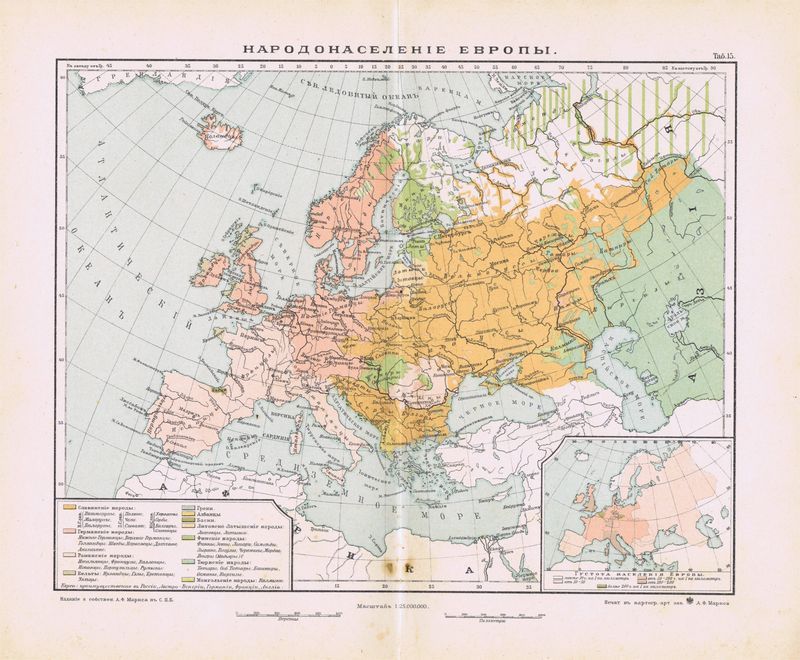 Народонаселение Европы. Географическая карта антикварная (этнографическая). Смешанная техника. Россия, 1900 год