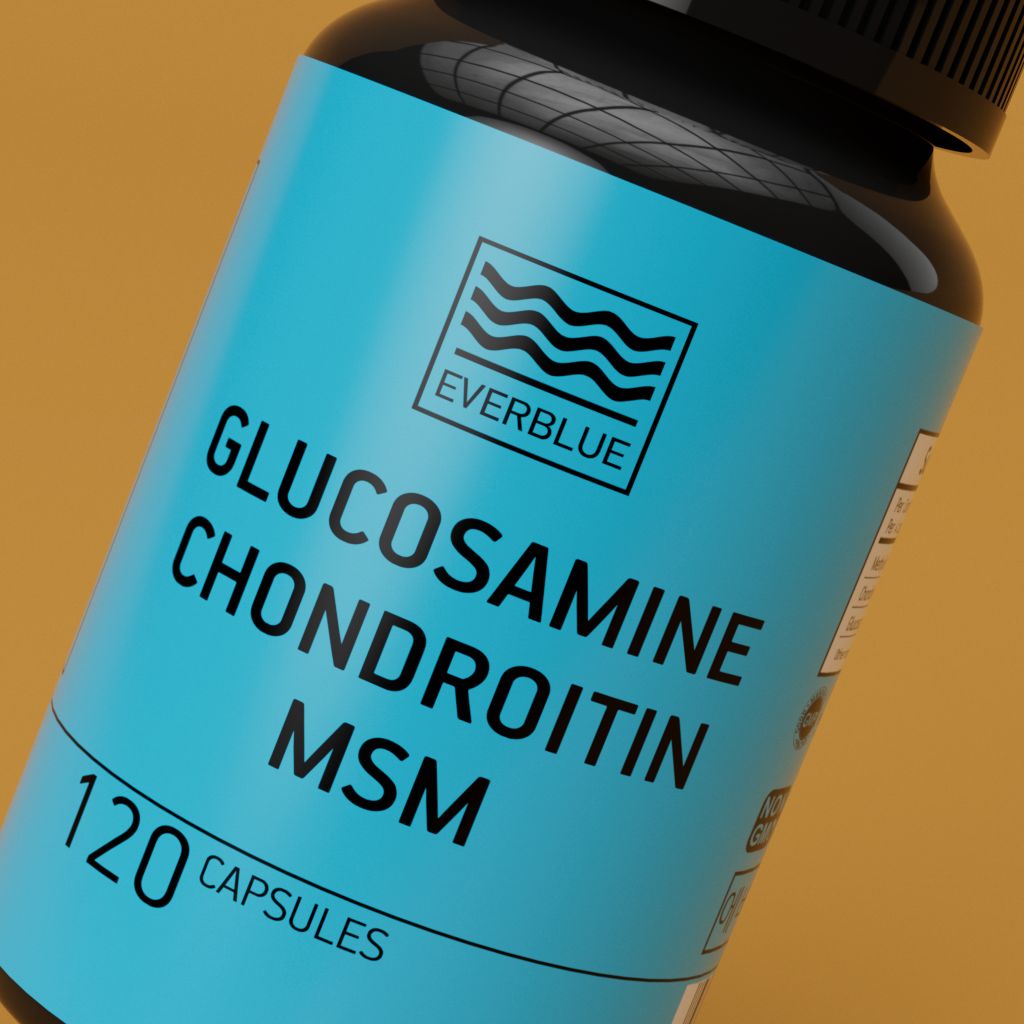 БАД к пище "Глюкозамин Хондроитин МСМ" ("Glucosamine Chondroitin MSM") Glucosamine, Chondroitin, MSM, Hyaluronic Acid. Хондропротектор для суставов и связок 120 капсул от EVERBLUE