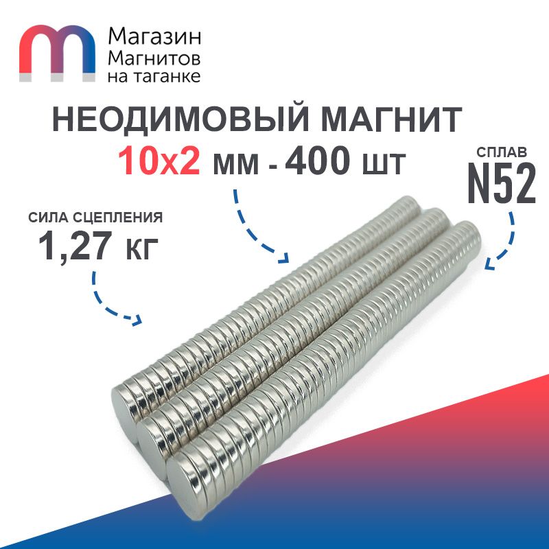 Неодимовый магнит усиленный диск 10х2 мм (N52) - 400 шт