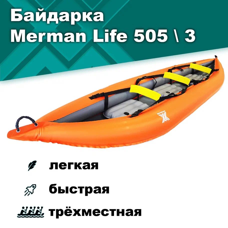 Байдарканадувнаятрехместная(Каяк,Лодка)MermanLife505Оранжевая