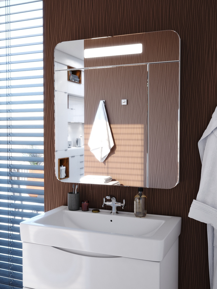 Зеркало настенное для ванной навесное подвесное для макияжа, бритья с подсветкой, лампой, розеткой, полками, #1
