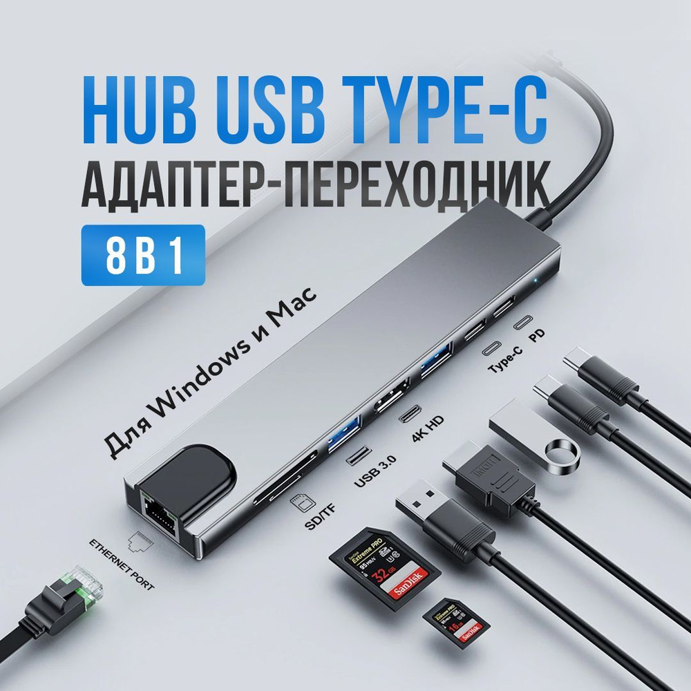 Хаб USB type-C адаптер-переходник 8 в 1: HDMI 4K, RJ45, MicroSD, USBx2 ...