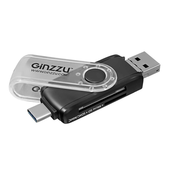 Картридер USB 2.0 & microUSB & Type C Ginzzu GR-325B, поддержка OTG, 2 ...