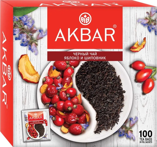 Akbar "Яблоко и Шиповник" чай черный в пакетиках, 100 шт - купить с ...