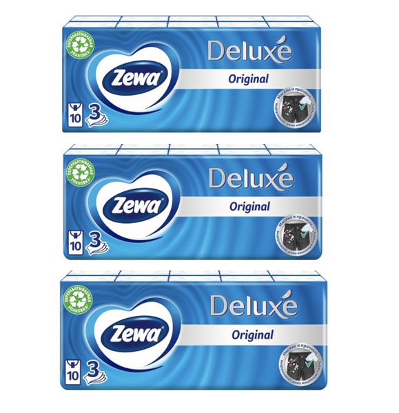 Платочки бумажные носовые Zewa Deluxe, Зева делюкс, 10 пачек по 10 шт ...