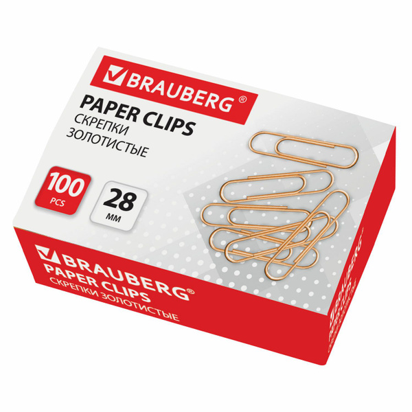 Скрепки BRAUBERG, 28 мм, золотистые, 100 шт., в картонной коробке ...