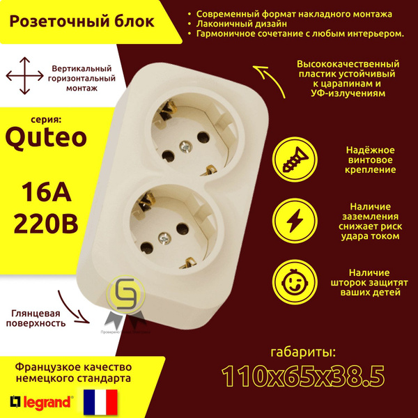 Розетка накладная двойная Legrand Quteo с заземлением со шторками ...