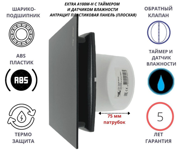 Вентилятор с таймером и датчиком влажности, D100мм, с пластиковой ...