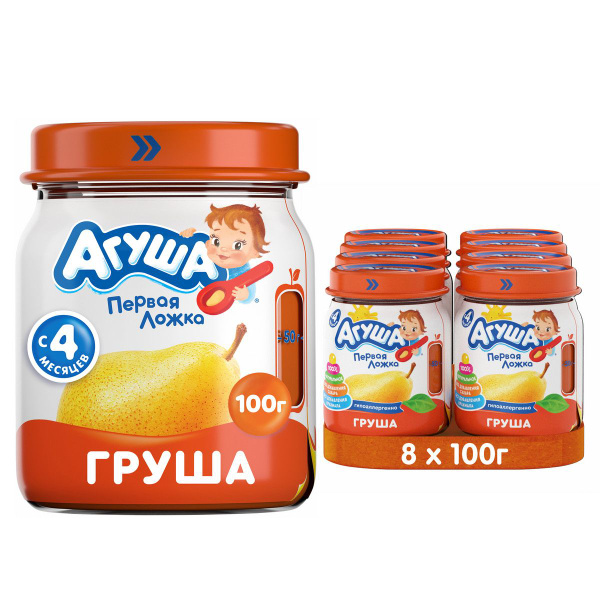 Детское фруктовое пюре Агуша Груша в стеклянной баночке, с 4 месяцев ...