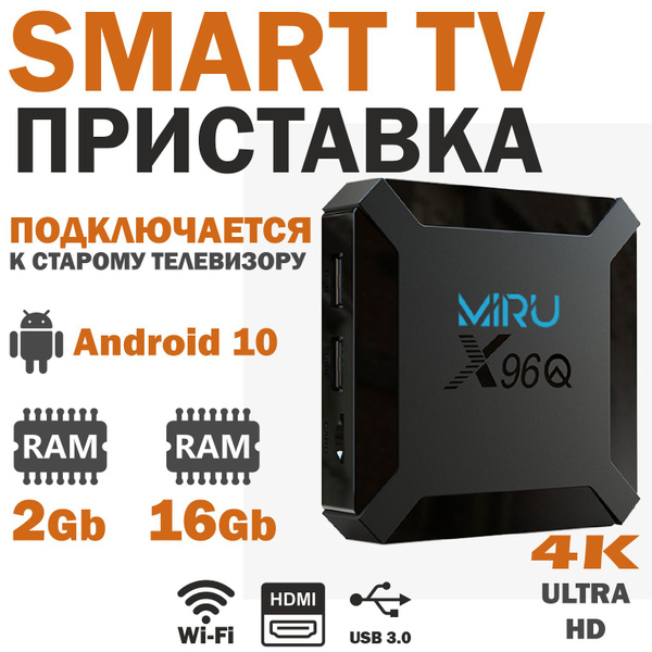 Медиаплеер MIRU Смарт ТВ приставка X96Q 2Gb/16Gb, USB 3.0, RJ-45 ...