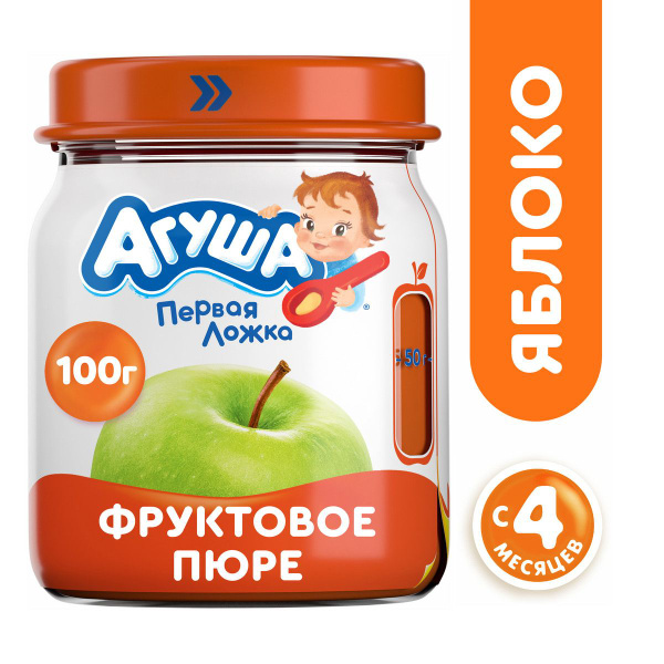 Детское фруктовое пюре Агуша Яблоко в стеклянной баночке, с 4 месяцев ...