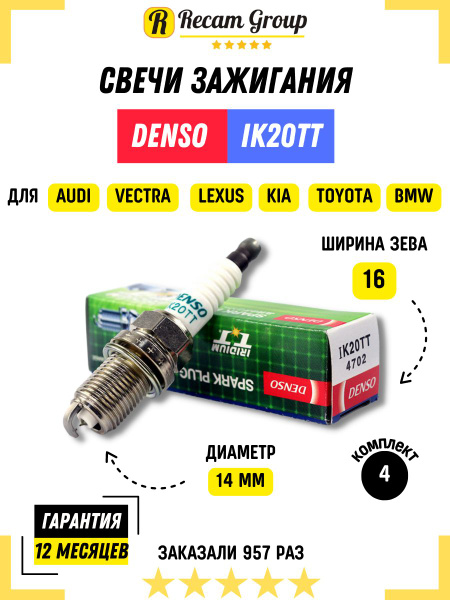 Свечи зажигания иридиевые Денсо Denso IK20TT Комплект 4ШТ автомобильные ...