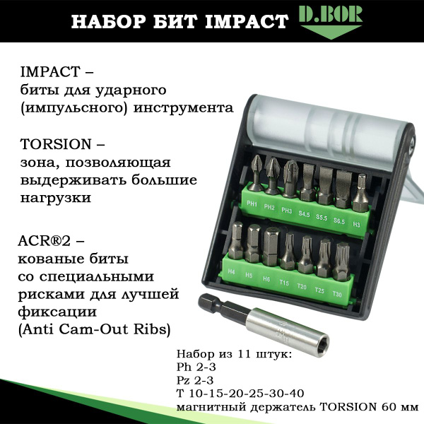 Биты ударные, класс IMPACT для импульсного инструмента, набор 11 шт PH ...