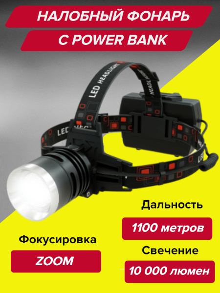 Налобный Фонарь Светодиодный Мощный, Аккумуляторный 18650, Яркий С Zoom ...