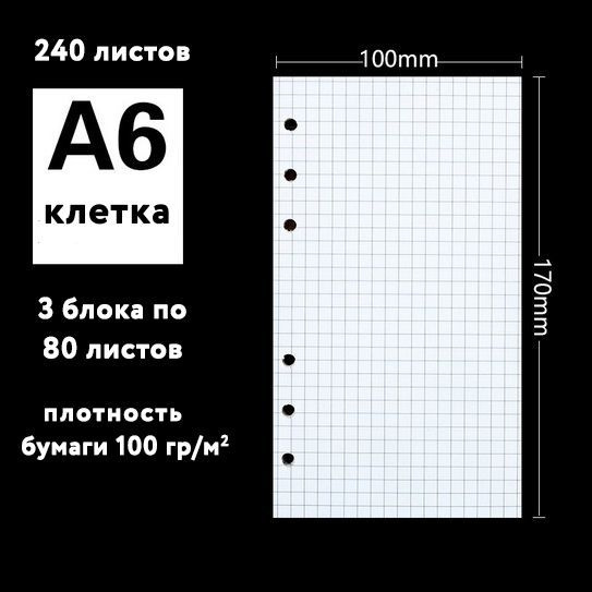 Сменный блок для ежедневников формата А6, 3х80 листов, клетка, белая ...