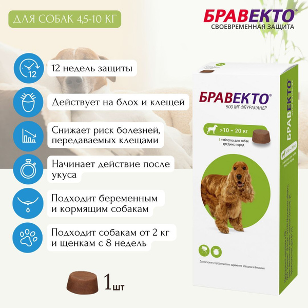 Бравекто Таблетка от клещей и блох для собак весом 10-20 кг, 1 таблетка ...