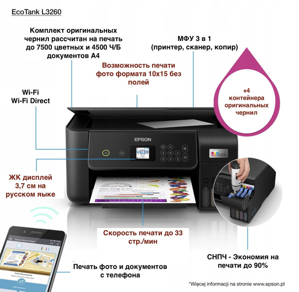 Epson МФУ Струйное L3260 (Русская версия) + Wi-Fi + Набор чернил ...
