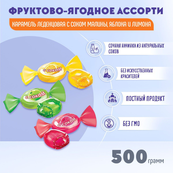 Карамель леденцовая с соком малины, яблока и лимона 500 грамм КДВ ...