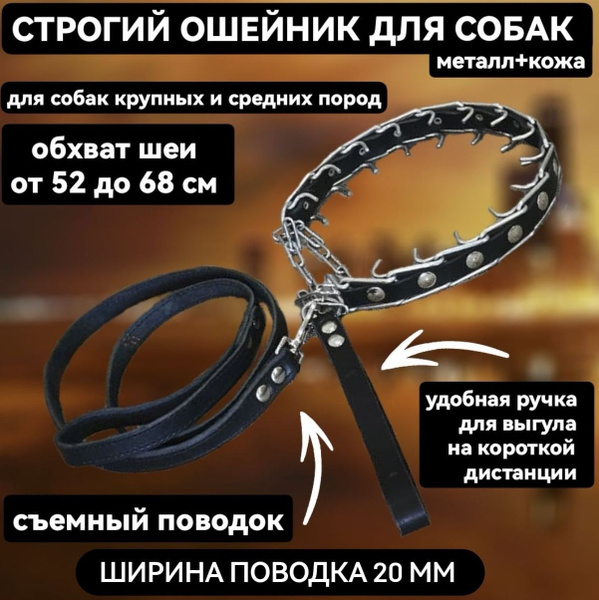 Ошейник СТРОГИЙ (4мм), металл с кожей, с кожаной ручкой и поводком ...