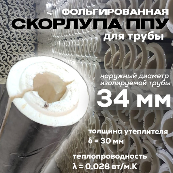 Утеплитель для труб, фольгированный, скорлупа ППУ, для трубы с внешним ...