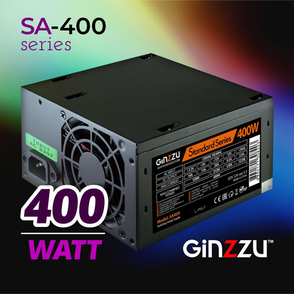 Блок питания Ginzzu SA400 ATX, 8cm fan, 20+4pin +4Pin, 2*SATA, 2*IDE ...