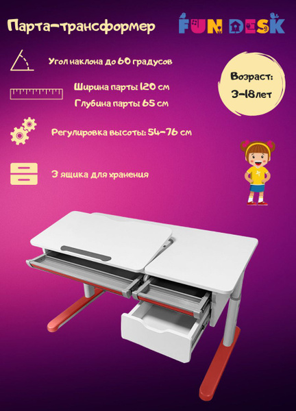 Парта растущая школьная Grande Pink FUNDESK - купить с доставкой по ...