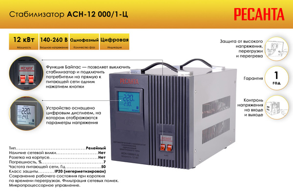Стабилизатор напряжения 220В 12 кВт Ресанта для дома напольный релейный ...
