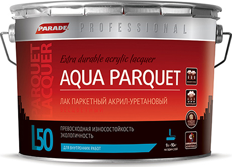 фото Лак Parade Professional L50 Aqua Parquet, акрил-уретановый, паркетный, полуматовый, 4603292005874, прозрачный, 2.5 л