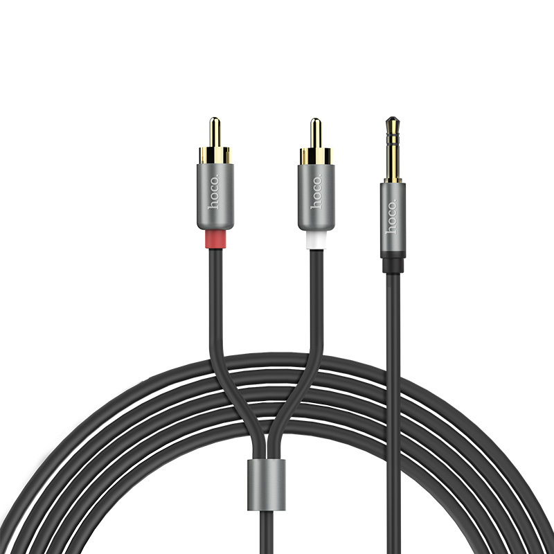 Аудио-кабельAUXminijack3.5-2RCAhocoUPA10/AUX-тюльпаны/1.5м/позолоченныештекеры/черный+серыйметаллик