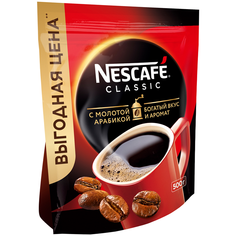 КоферастворимыйNescafe"Classic",гранулированный/порошкообразный,смолотым,мягкаяупаковка,500г