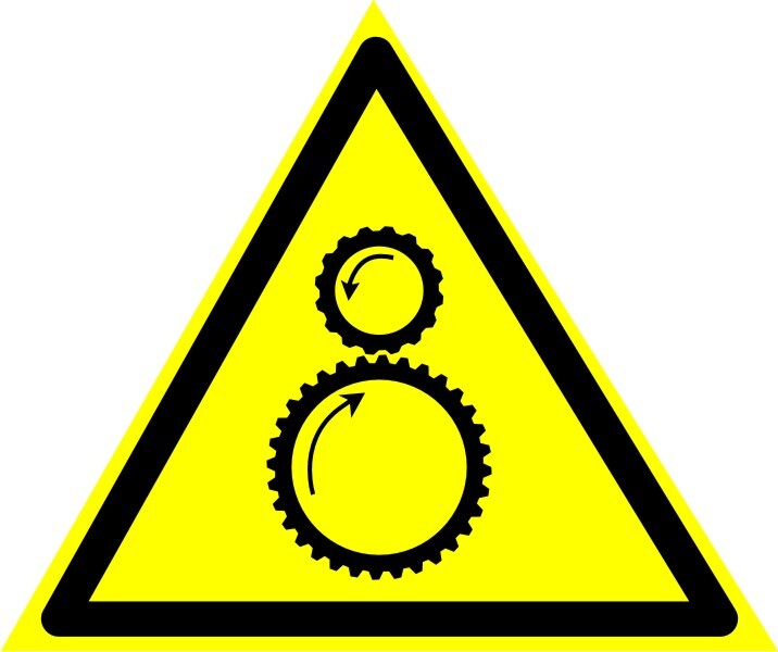 Наклейка из ПВХ: предупреждающий знак W29 "Осторожно. Возможно затягивание между вращающимися элементами" b50 пленка, уп. 20 шт.