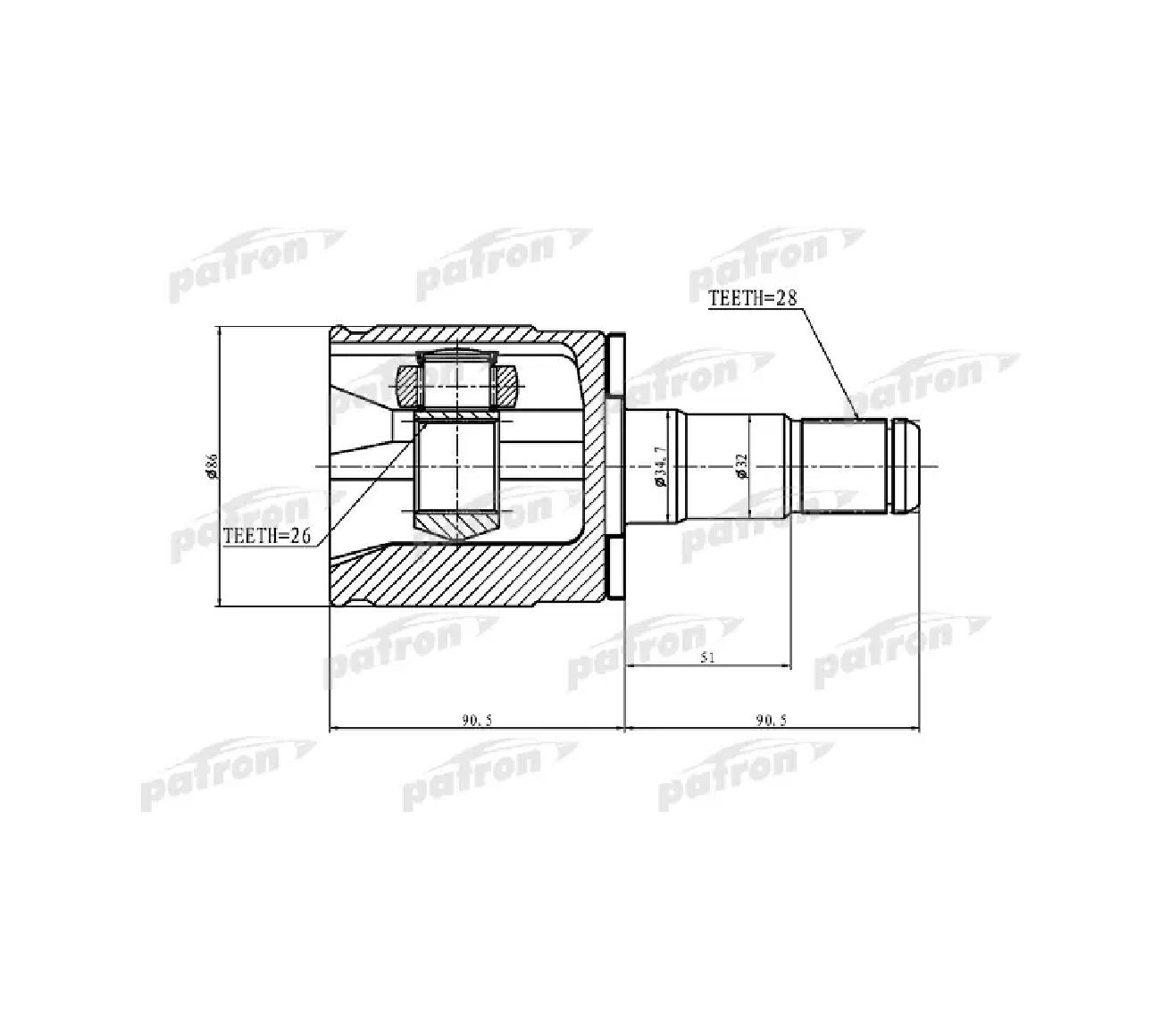 Шрус Внутр.лев.28x34.7x26 Mitsubishi Pajero Ii V14w-V55w 1991-04 PATRON арт. PCV1402