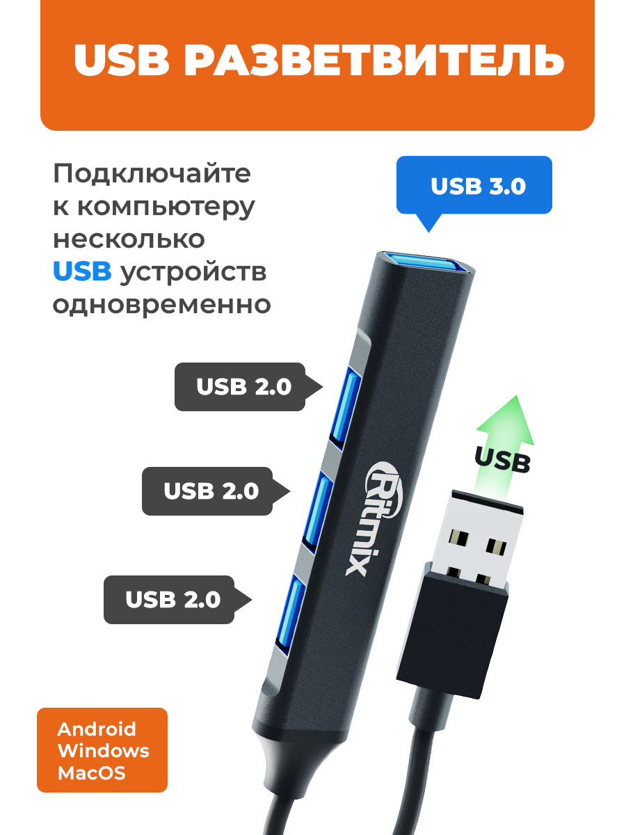 USB-хаб RITMIX CR-4400 Metal, 4 порта USB, стильный и компактный - купить с  доставкой по выгодным ценам в интернет-магазине OZON (602574038)