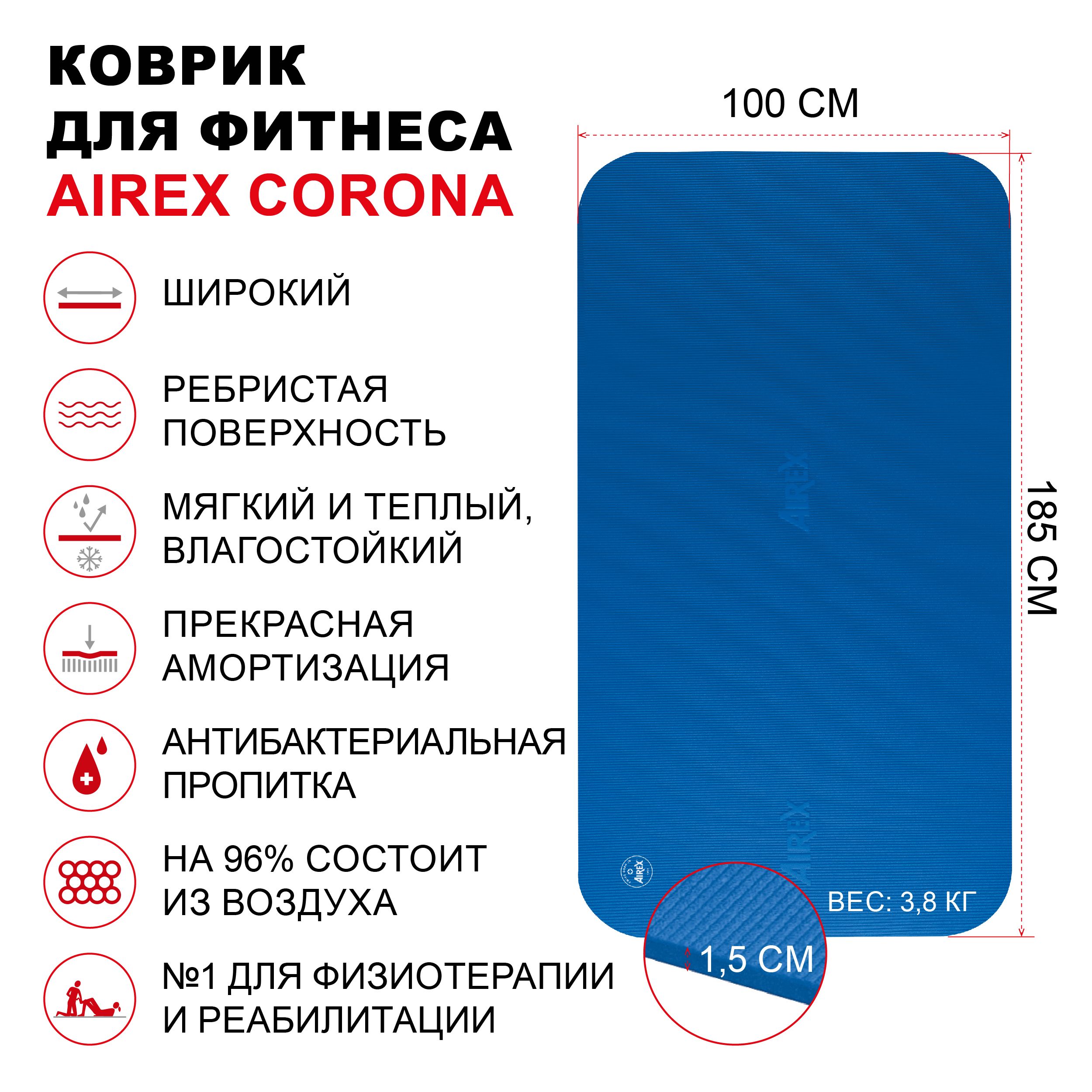 Коврик гимнастический для фитнеса AIREX Corona, 185х100х1,5 см., синий -  купить в интернет-магазине OZON с быстрой доставкой (174851233)