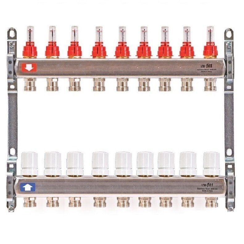 Uni fitt отзывы. Коллектор 9 выходов и расходомерами. Дренажная группа нв Uni-Fitt 1" х 1/2" для коллекторных групп никелированная.