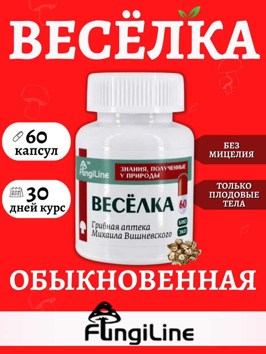 Весёлка FUNGILINE / Грибы сушеные / Грибная аптека Михаила Вишневского,  капсулы 60 штук - купить с доставкой по выгодным ценам в интернет-магазине  OZON (522615049)