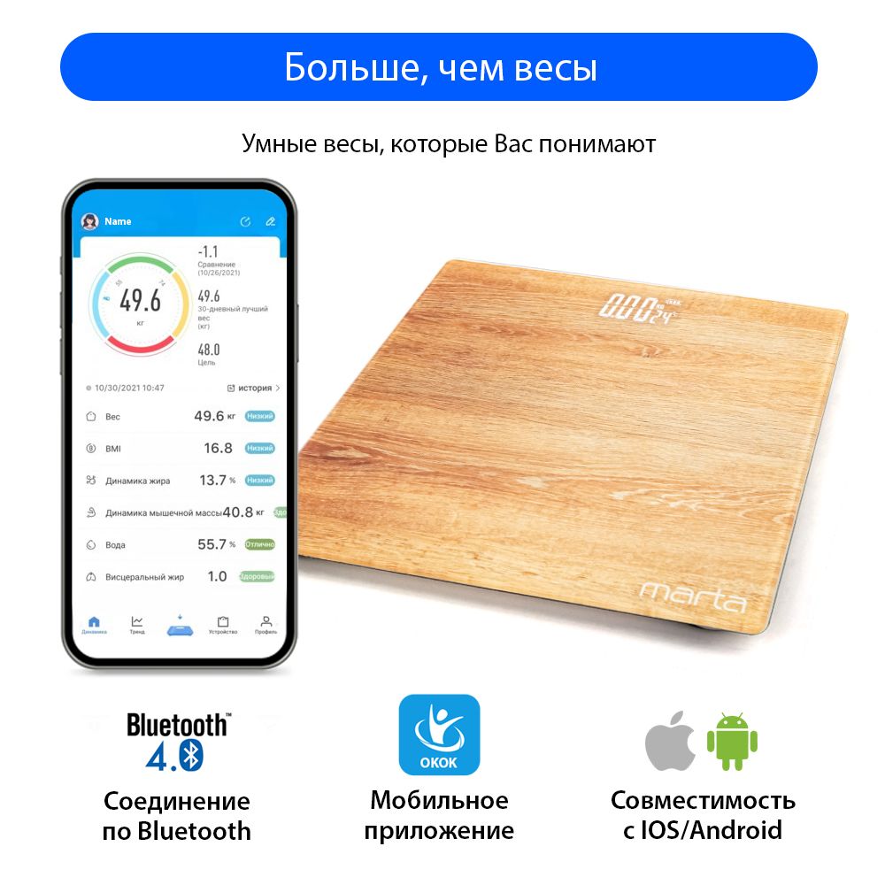 УмныевесыMARTAMT-SC3604диагностическиесBluetooth,напольные28х28см,ольха