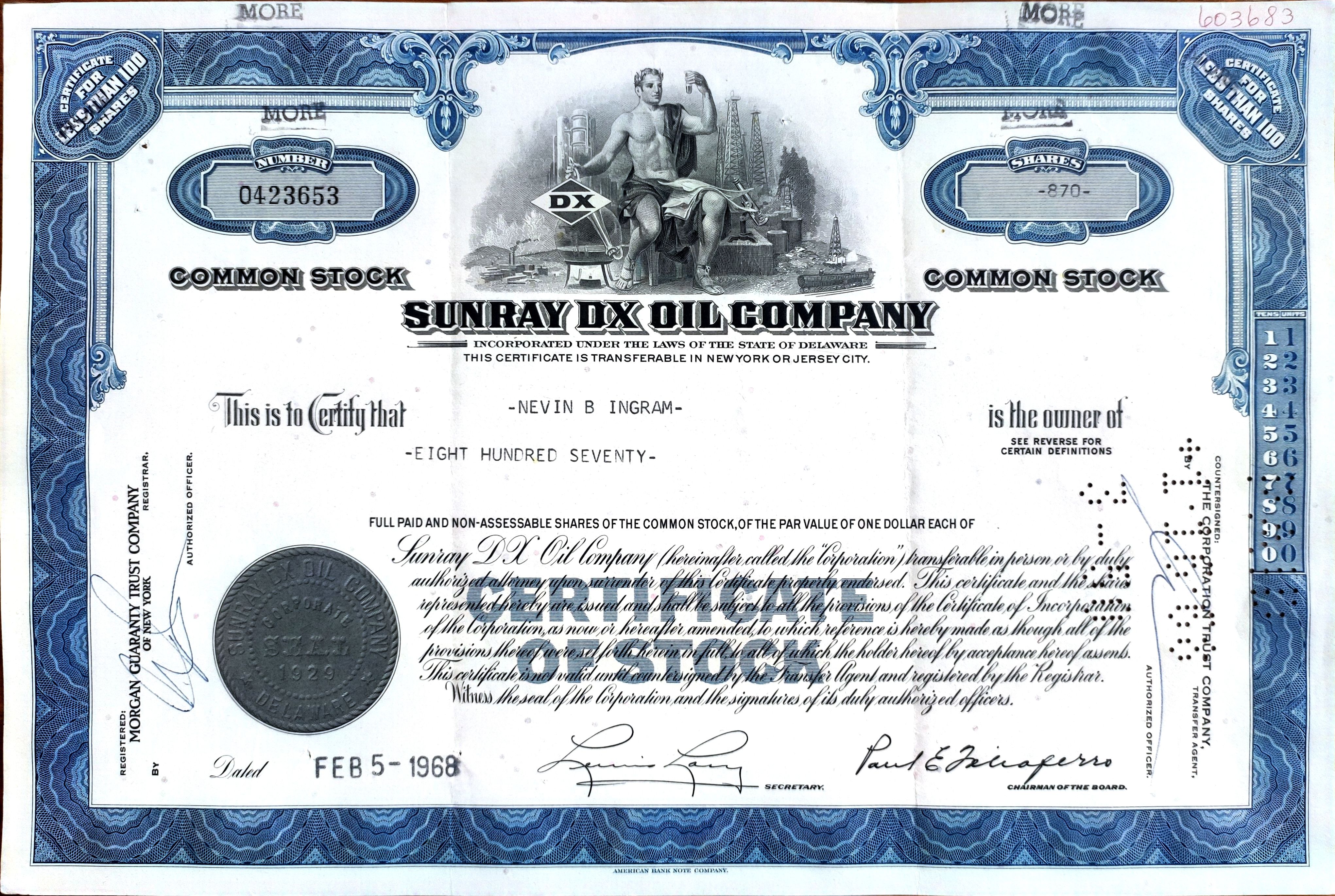 Нефтяная Компания "Sunray DX". Сертификат на 870 Акций в 1 доллар каждая. 1968 г.