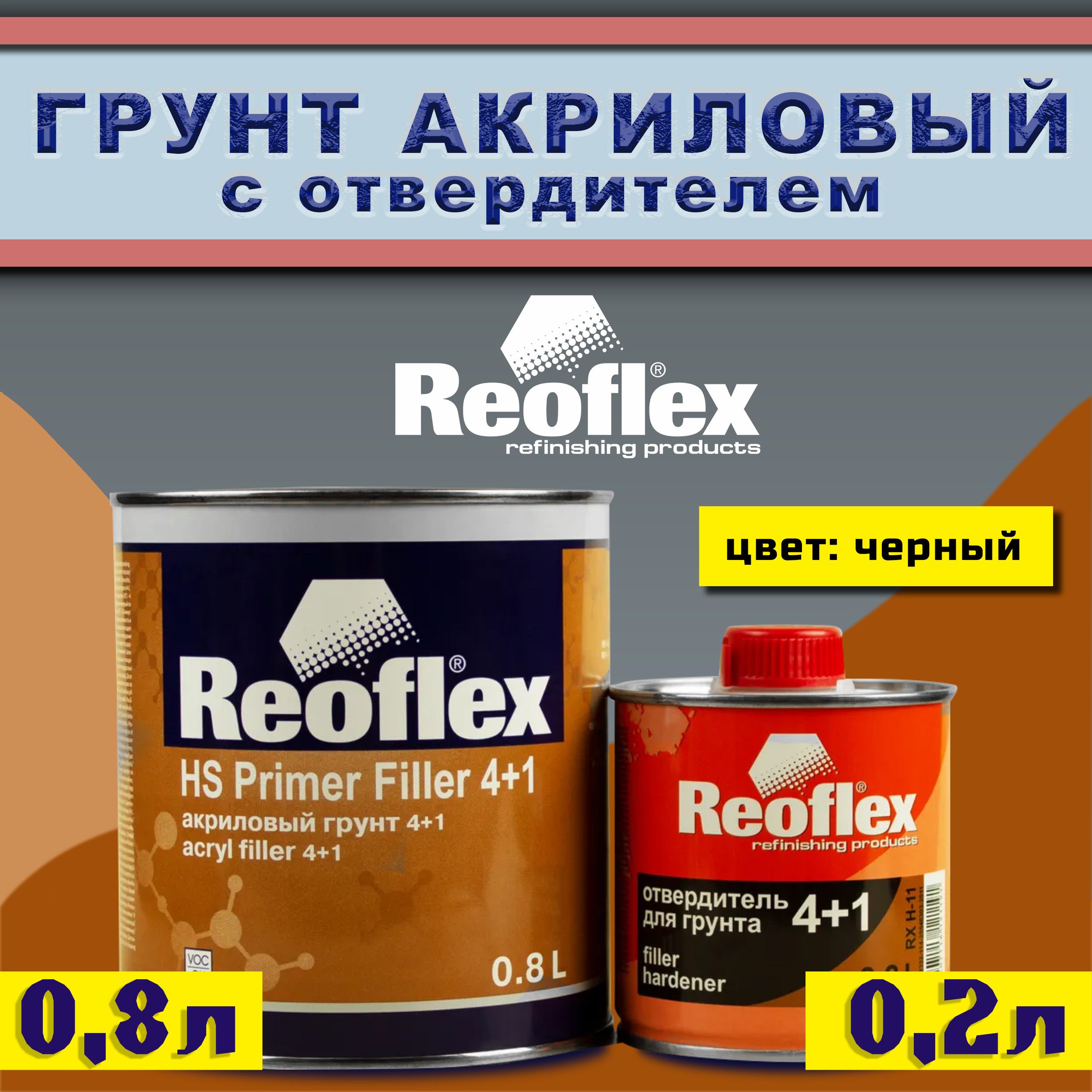 Грунт акриловый автомобильный 0,8 л REOFLEX HS Primer Filler 4+1 RX F-06,  черный + отвердитель для грунта 0,2л 4+1 RX H-11 / Автогрунтовка ...